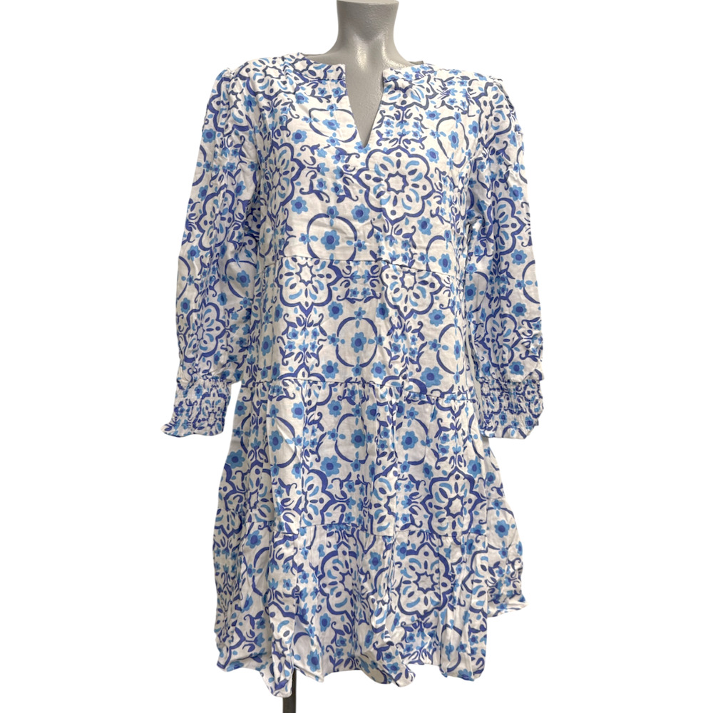 SAIL TO SABLE STS BLUE WHITE MEDALLION PRINT LONG SLEEVE TUNIC FLARE DRESS XL - Picture 2 of 7